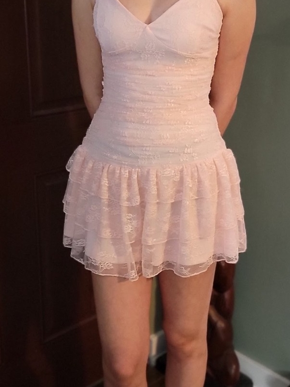 Windsor Blush Pink Lace Tiered Mini Dress